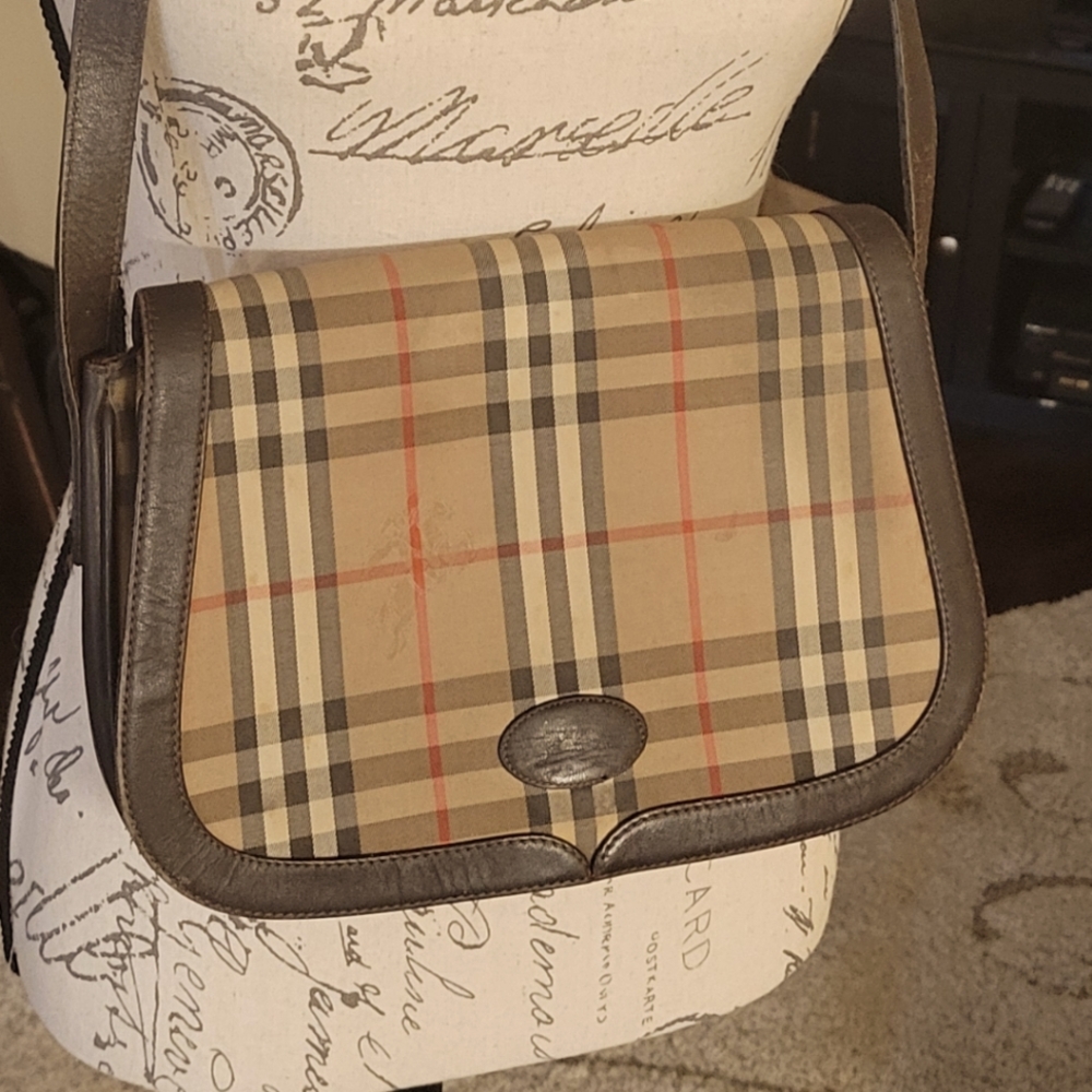 Burberry Vintage Check Crossbody Bag in Beige and Brown with Red Accents